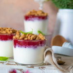 Dessert allo yogurt con confettura di susine e crumble agli amaretti